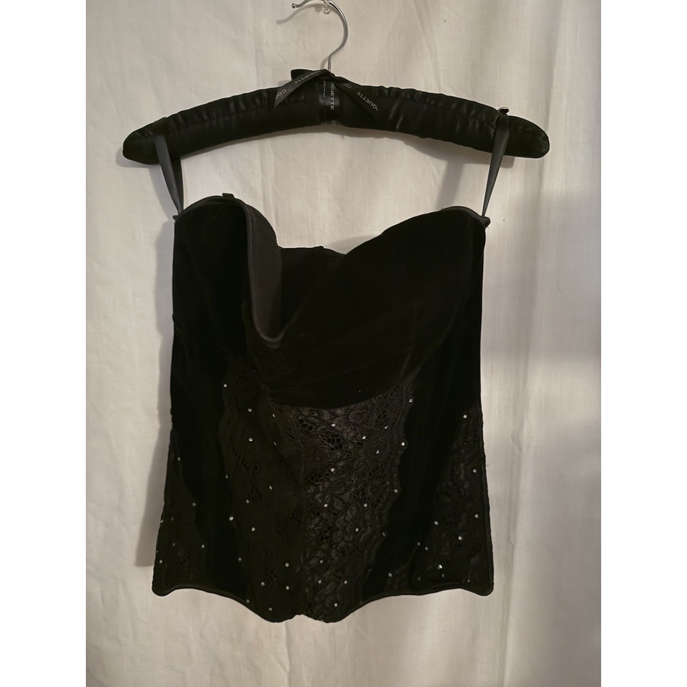 Black Velvet Corset With Rhinestones And Eyelet Closure‎ In Back Size L